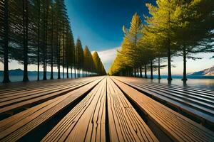 a long wooden walkway with trees and water. AI-Generated photo
