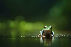 a frog sitting on the water in front of a green background. AI-Generated photo