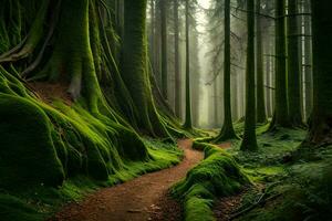 a path through a forest with mossy trees. AI-Generated photo