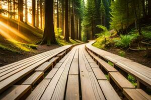 wooden path in the forest at sunset. AI-Generated photo