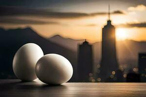 two eggs sit on a table in front of a city skyline. AI-Generated photo