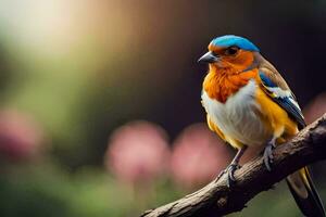 un vistoso pájaro se sienta en un rama. generado por ai foto