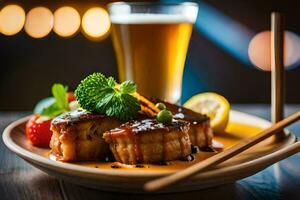 un plato con carne y vegetales y un vaso de cerveza. generado por ai foto