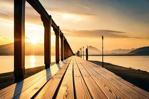 a wooden pier with the sun setting over the water. AI-Generated photo