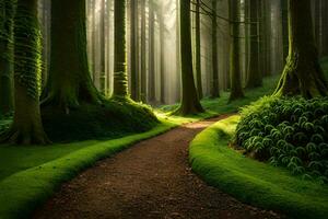 a path through a forest with trees and grass. AI-Generated photo