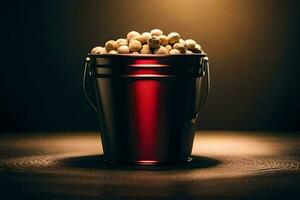 a bucket full of peanuts on a dark background. AI-Generated photo