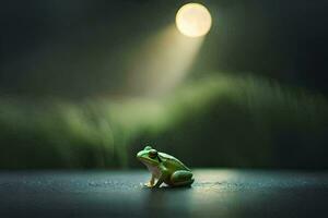 a frog sitting on the ground in front of a full moon. AI-Generated photo