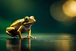 a frog is standing on a dark surface. AI-Generated photo