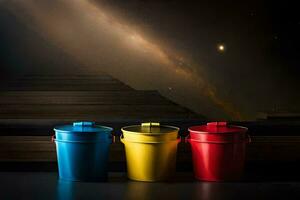 three colorful trash cans sit on a table with a galaxy in the background. AI-Generated photo
