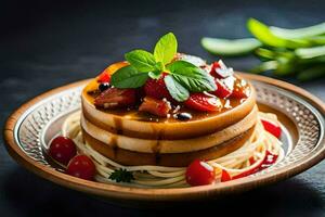 a stack of pancakes with sauce and berries. AI-Generated photo