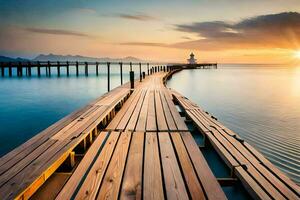 a wooden pier with the sun setting over the water. AI-Generated photo