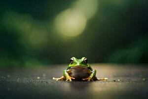 a frog sitting on the ground in front of a blurry background. AI-Generated photo