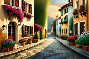 an artistic painting of a street with flowers and potted plants. AI-Generated photo