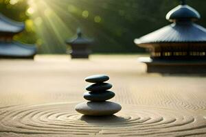 a zen garden with stones and a pagoda in the background. AI-Generated photo