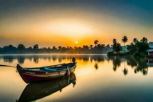 un barco se sienta en el agua a puesta de sol. generado por ai foto