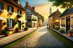 an artistic painting of a street in europe. AI-Generated photo