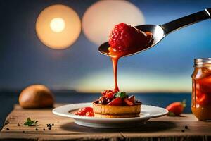 a spoon being poured with a strawberry on top of a dessert. AI-Generated photo