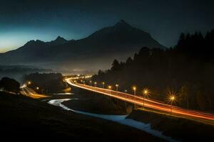 a long exposure photo of a road and mountain at night. AI-Generated