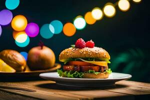 hamburger with berries and a slice of cheese on a plate. AI-Generated photo