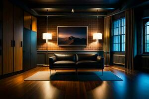 a dark room with a couch and a painting on the wall. AI-Generated photo