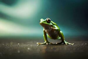 a frog is standing on its hind legs. AI-Generated photo