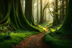 a path through a green forest with trees and moss. AI-Generated photo