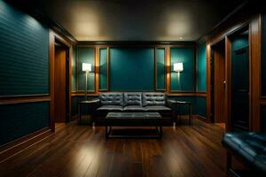 el vivo habitación tiene oscuro madera pisos y un cuero sofá. generado por ai foto