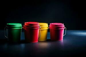 three colorful buckets on a dark surface. AI-Generated photo