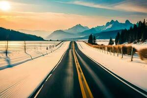 a road in the winter with snow and mountains in the background. AI-Generated photo