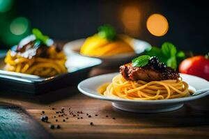 spaghetti with meat and tomatoes on a wooden table. AI-Generated photo