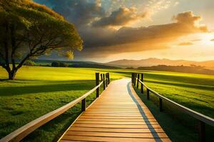 a wooden walkway leads to a green field with a sunset. AI-Generated photo