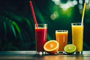 Tres lentes de jugo con naranjas y limones generado por ai foto