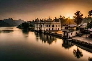 el Dom conjuntos terminado un lago en India. generado por ai foto