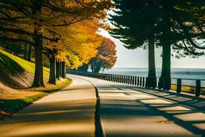 a road lined with trees and a lake in the background. AI-Generated photo