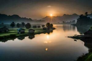 the sun rises over a river and some small houses. AI-Generated photo