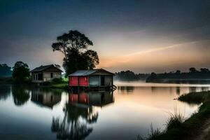 un casa en el agua a amanecer. generado por ai foto