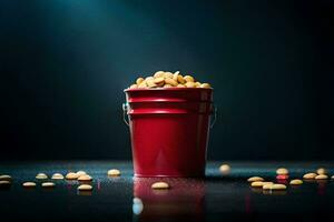 a red bucket filled with peanuts on a dark surface. AI-Generated photo