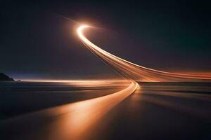 a long exposure photograph of a long line of light on the ocean. AI-Generated photo