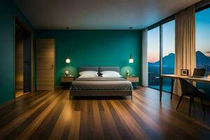 a bedroom with a view of the mountains. AI-Generated photo