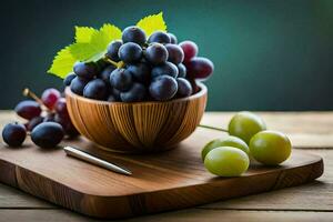 grapes in a bowl on a wooden cutting board. AI-Generated photo