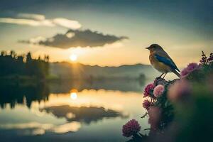 un pájaro se sienta en un rama con vista a un lago a puesta de sol. generado por ai foto