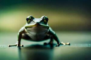 a frog is sitting on a table with a blurry background. AI-Generated photo