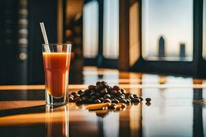 a glass of juice with a straw on a table. AI-Generated photo