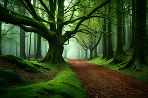 a path through a green forest with trees. AI-Generated photo