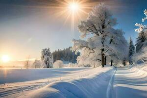 photo wallpaper the sky, snow, trees, sun, trees, winter, trees, trees,. AI-Generated