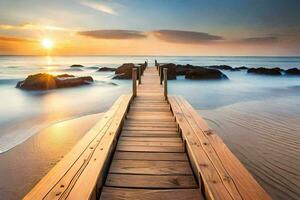 un de madera muelle estiramientos fuera dentro el Oceano a puesta de sol. generado por ai foto