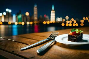 un plato de chocolate pastel con un ver de el ciudad. generado por ai foto