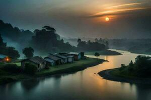 photo wallpaper the sky, water, sunrise, the sun, the river, the village, the. AI-Generated