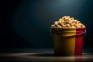 a bucket of peanuts on a dark table. AI-Generated photo
