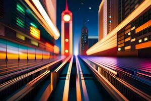 abstract cityscape with lights and trains at night. AI-Generated photo